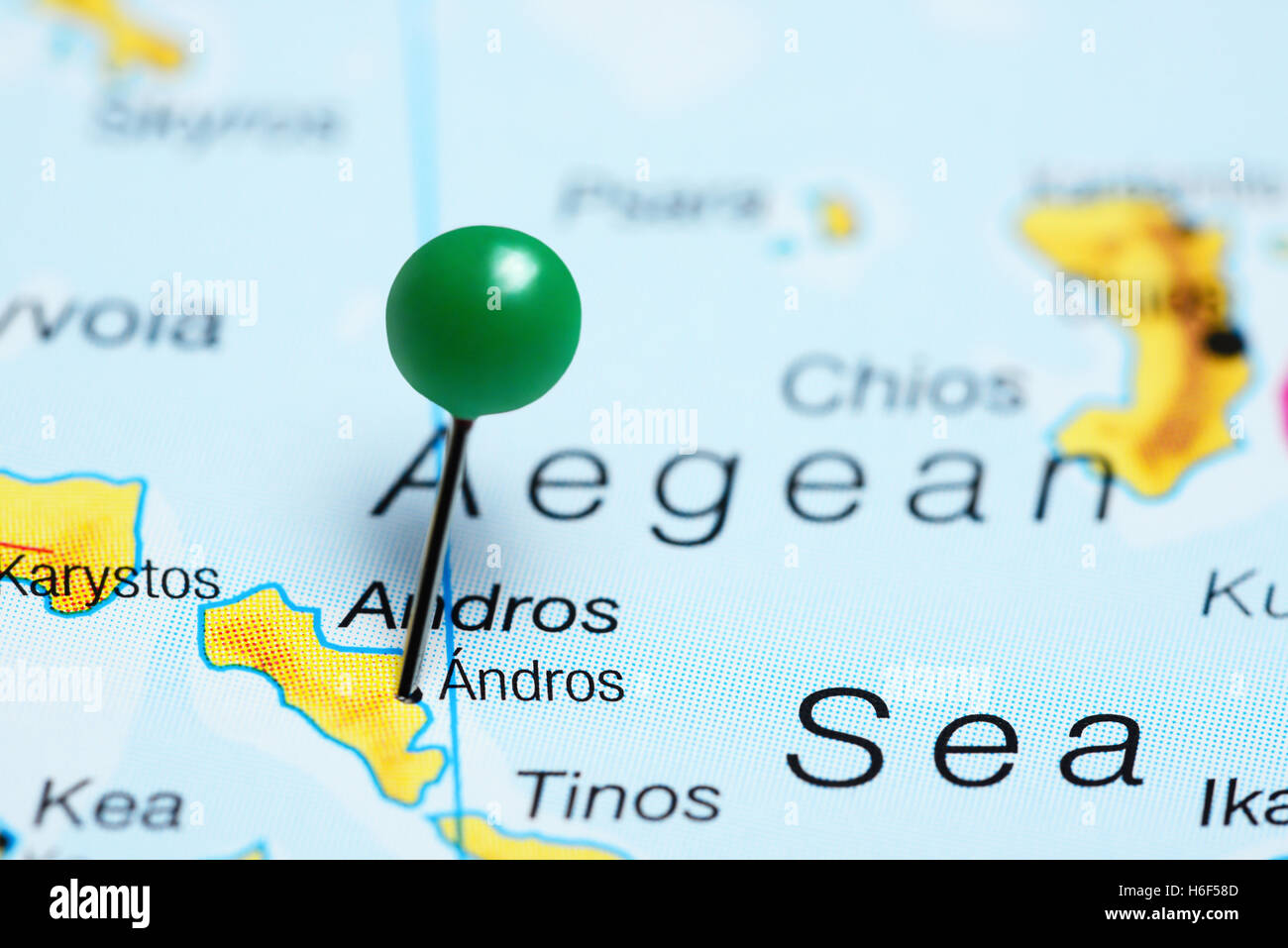 Andros pinned on a map of Greece Stock Photo