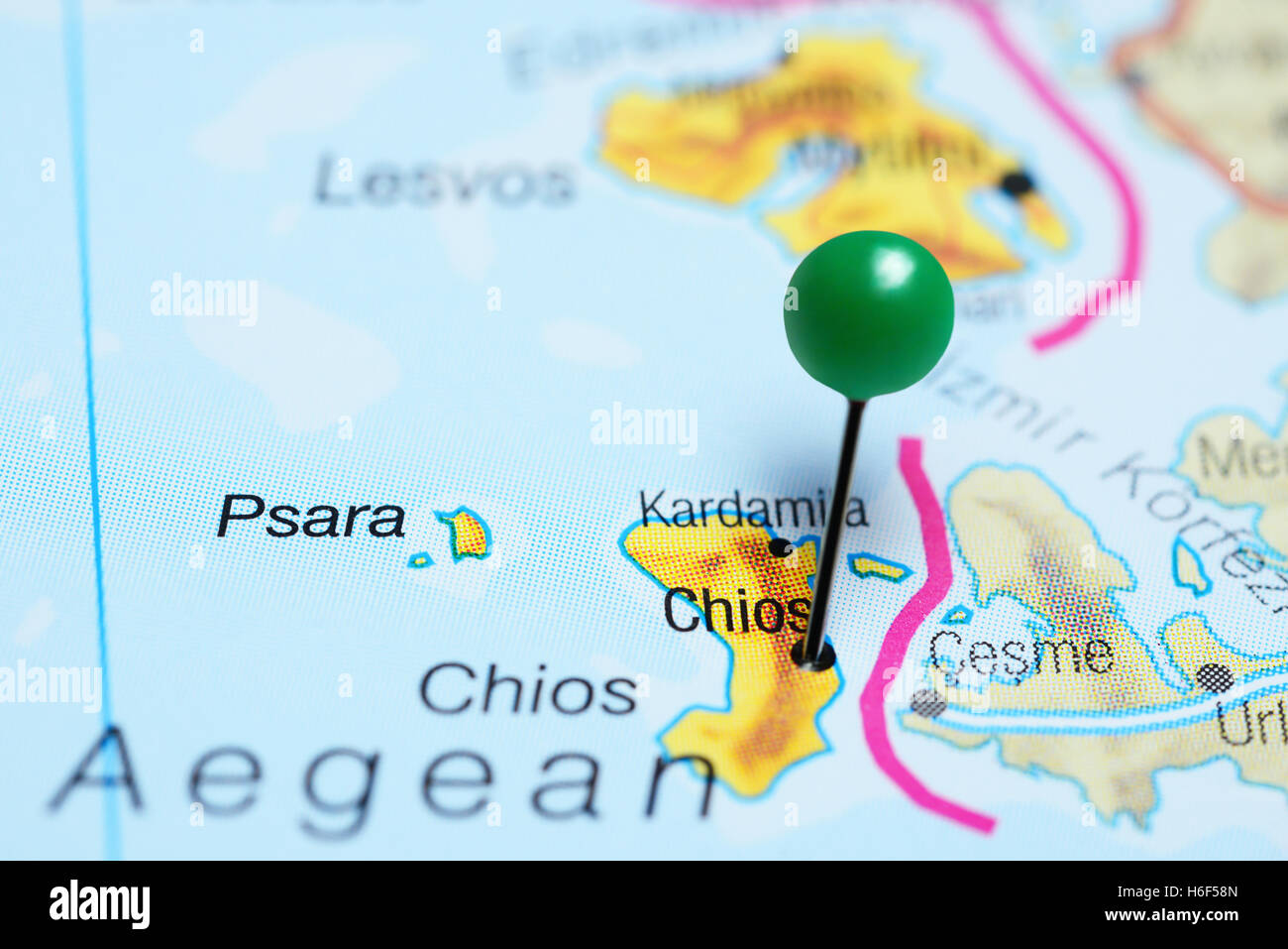 Chios pinned on a map of Greece Stock Photo