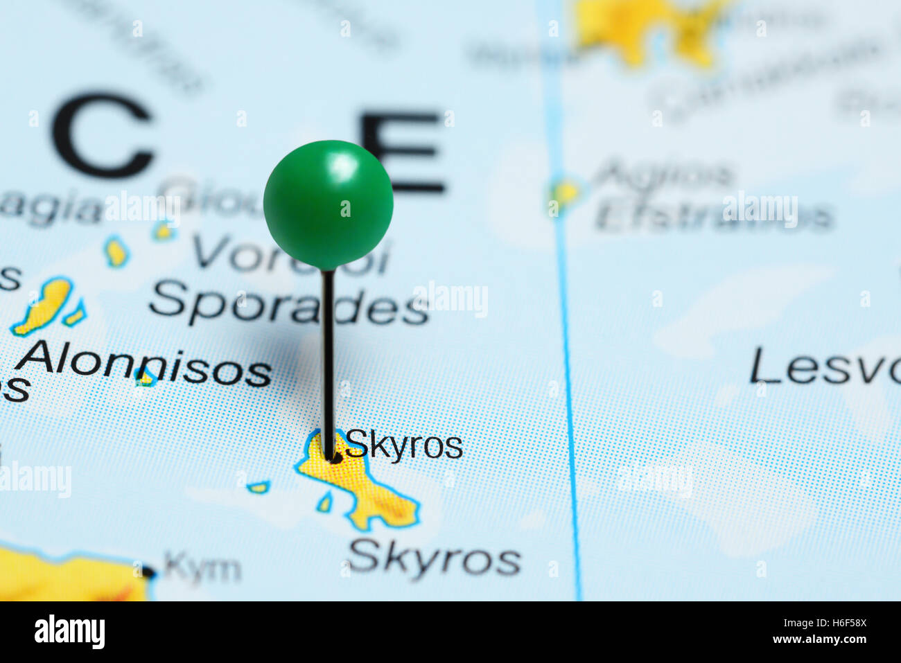 Skyros pinned on a map of Greece Stock Photo