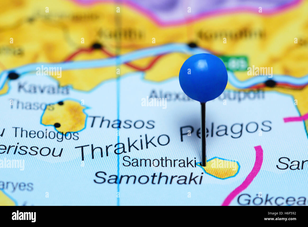 Samothraki pinned on a map of Greece Stock Photo