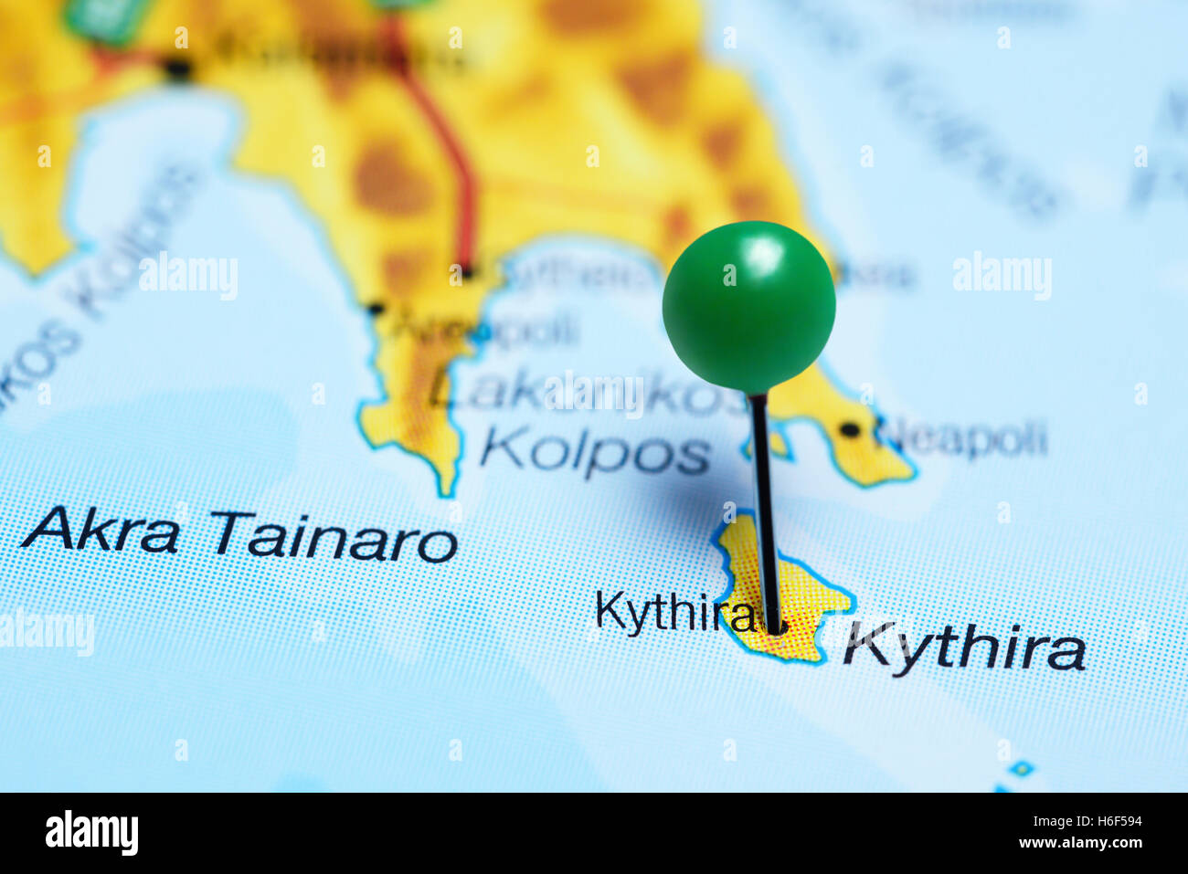 Kythira pinned on a map of Greece Stock Photo