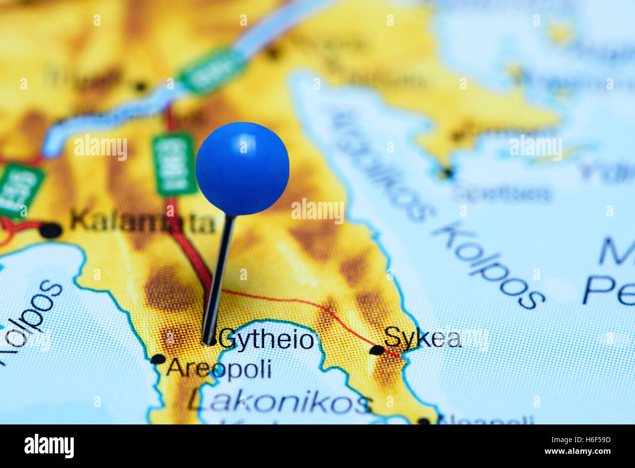 Gytheio pinned on a map of Greece Stock Photo