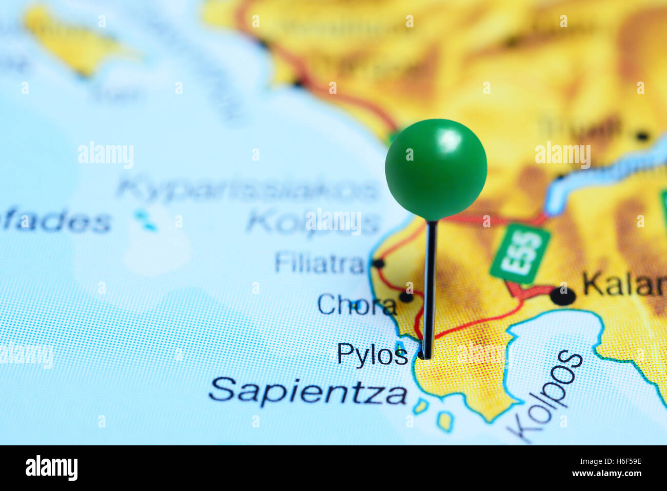 Pylos pinned on a map of Greece Stock Photo
