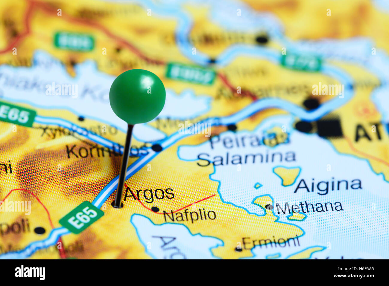 Argos pinned on a map of Greece Stock Photo