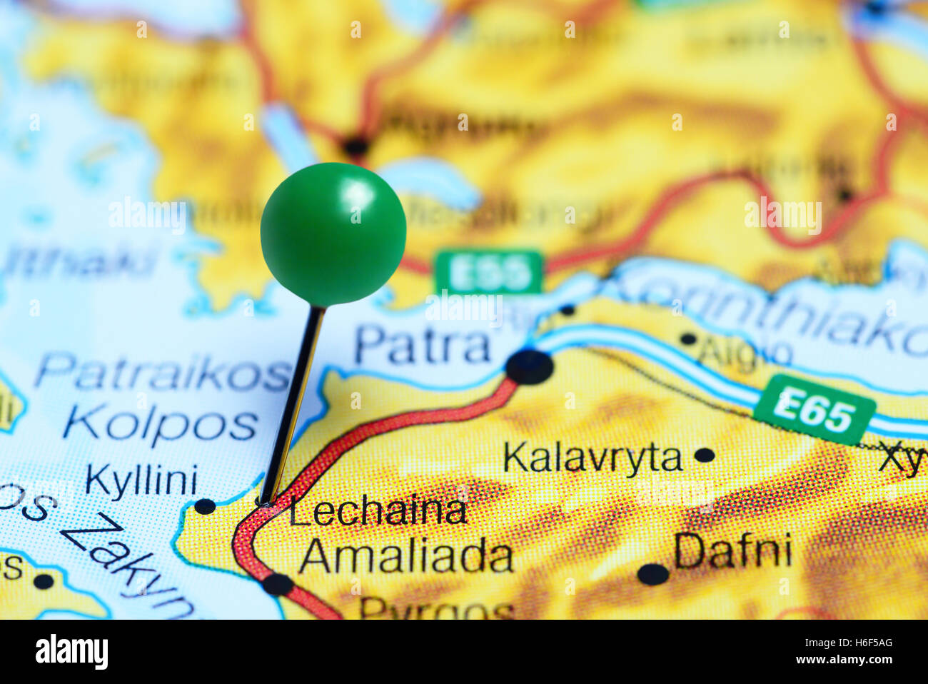 Lechaina pinned on a map of Greece Stock Photo