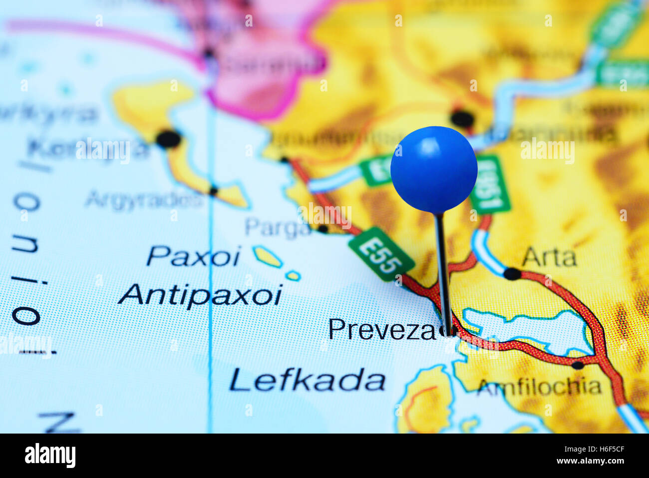 Preveza pinned on a map of Greece Stock Photo