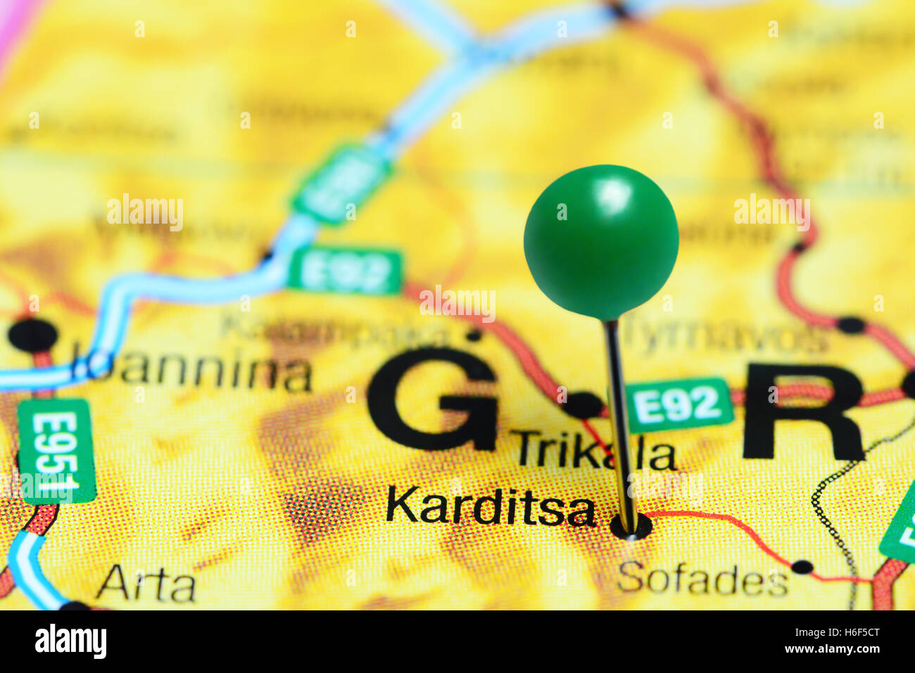 Karditsa pinned on a map of Greece Stock Photo