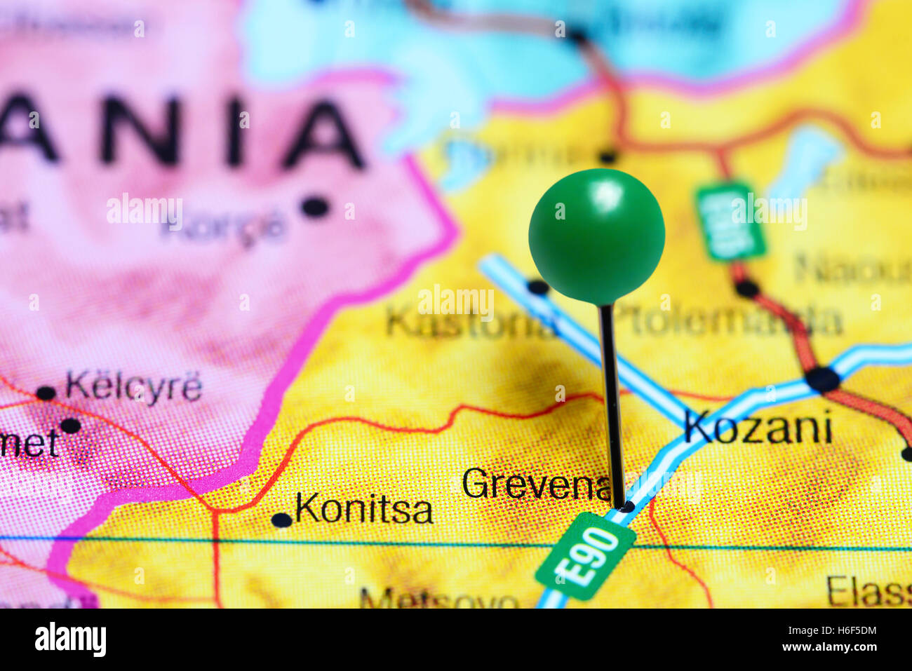 Grevena pinned on a map of Greece Stock Photo