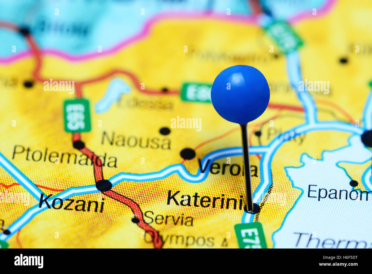 Katerini pinned on a map of Greece Stock Photo