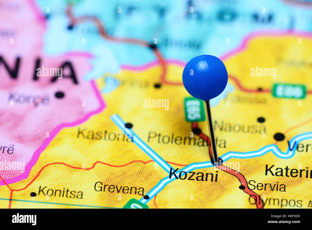 Kozani pinned on a map of Greece Stock Photo Alamy