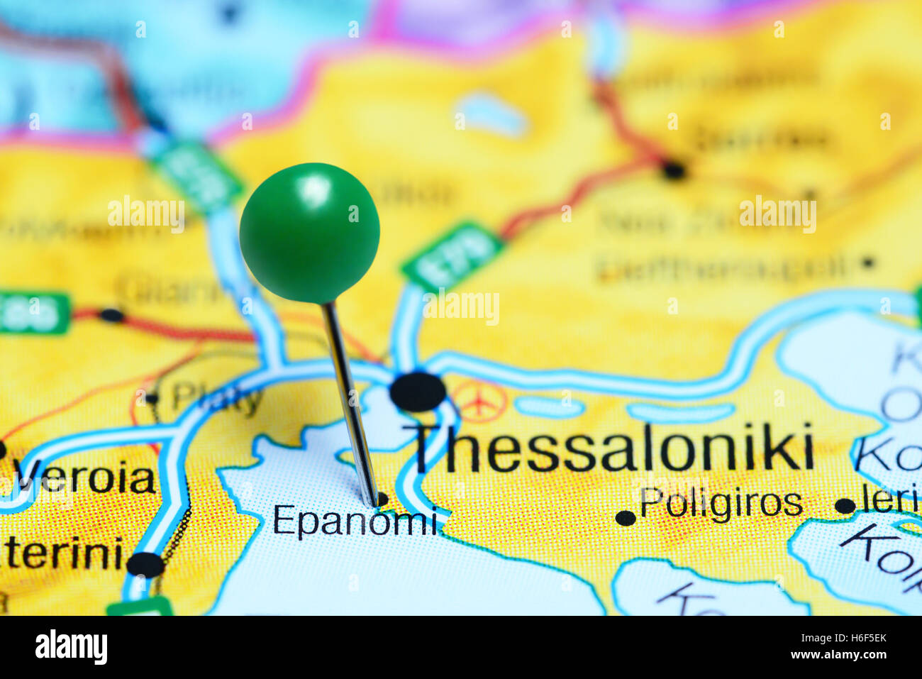 Epanomi pinned on a map of Greece Stock Photo