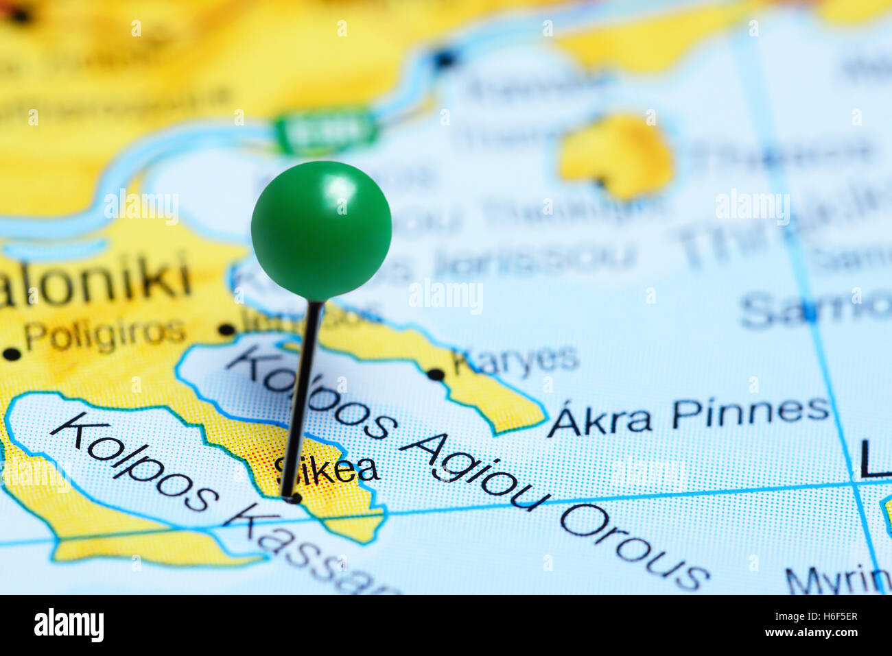 Sikea pinned on a map of Greece Stock Photo