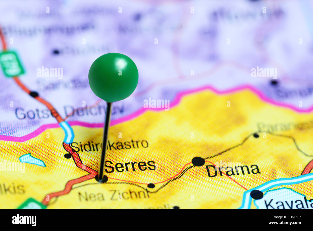 Serres pinned on a map of Greece Stock Photo