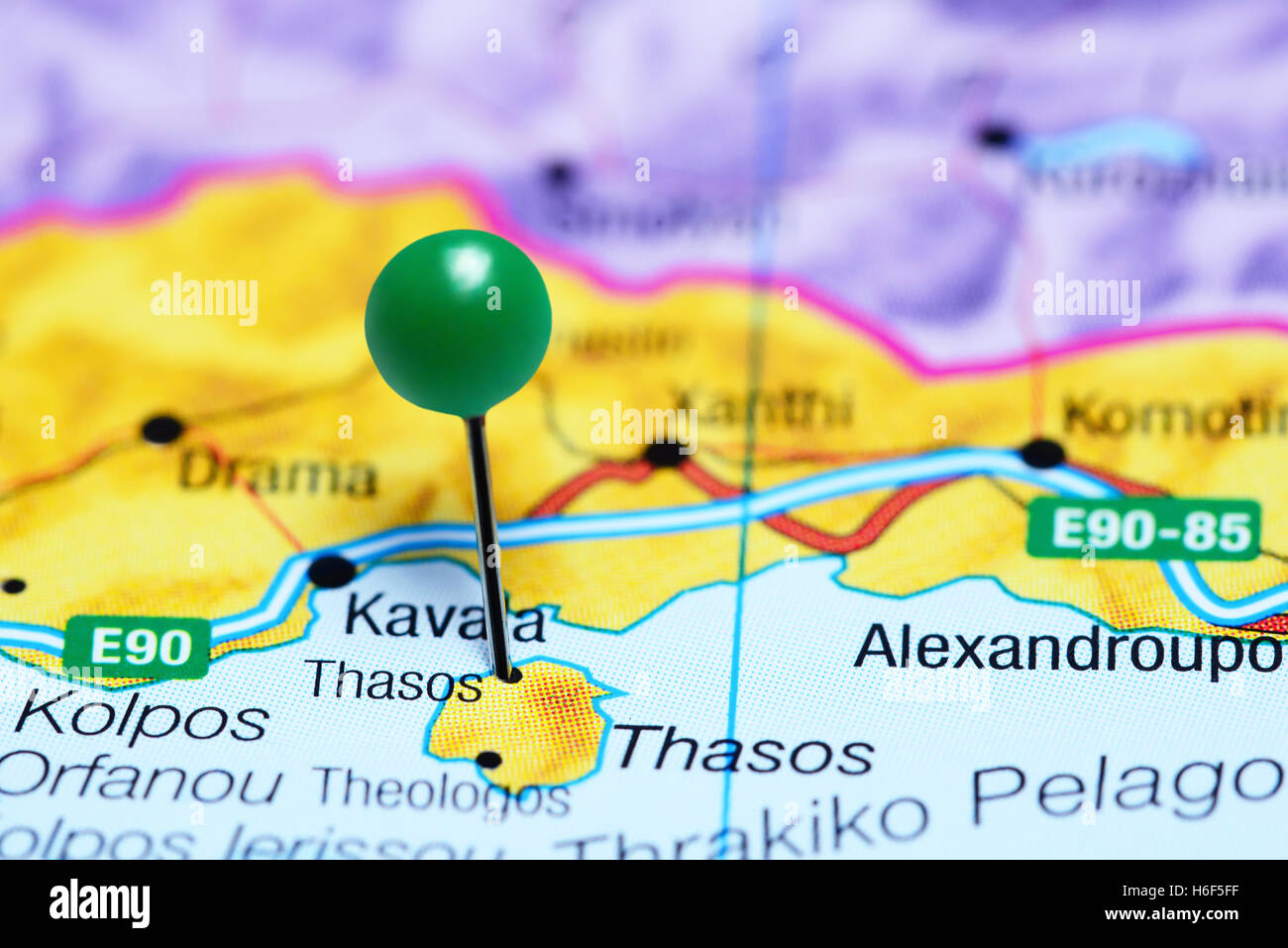 Thasos pinned on a map of Greece Stock Photo