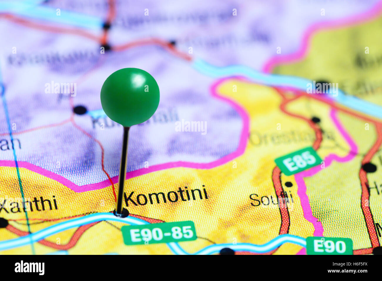Komotini pinned on a map of Greece Stock Photo