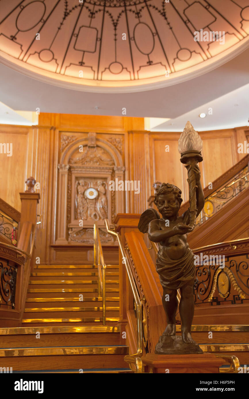 Ireland, North, Belfast, Titanic quarter visitor attraction, replica staircase in the banqueting hall. Stock Photo