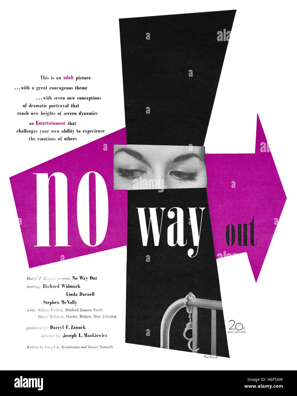 1950 US advertisement, designed by Paul Rand, for the film No Way Out starring Richard Widmark, Linda Darnell and Stephen McNally Stock Photo