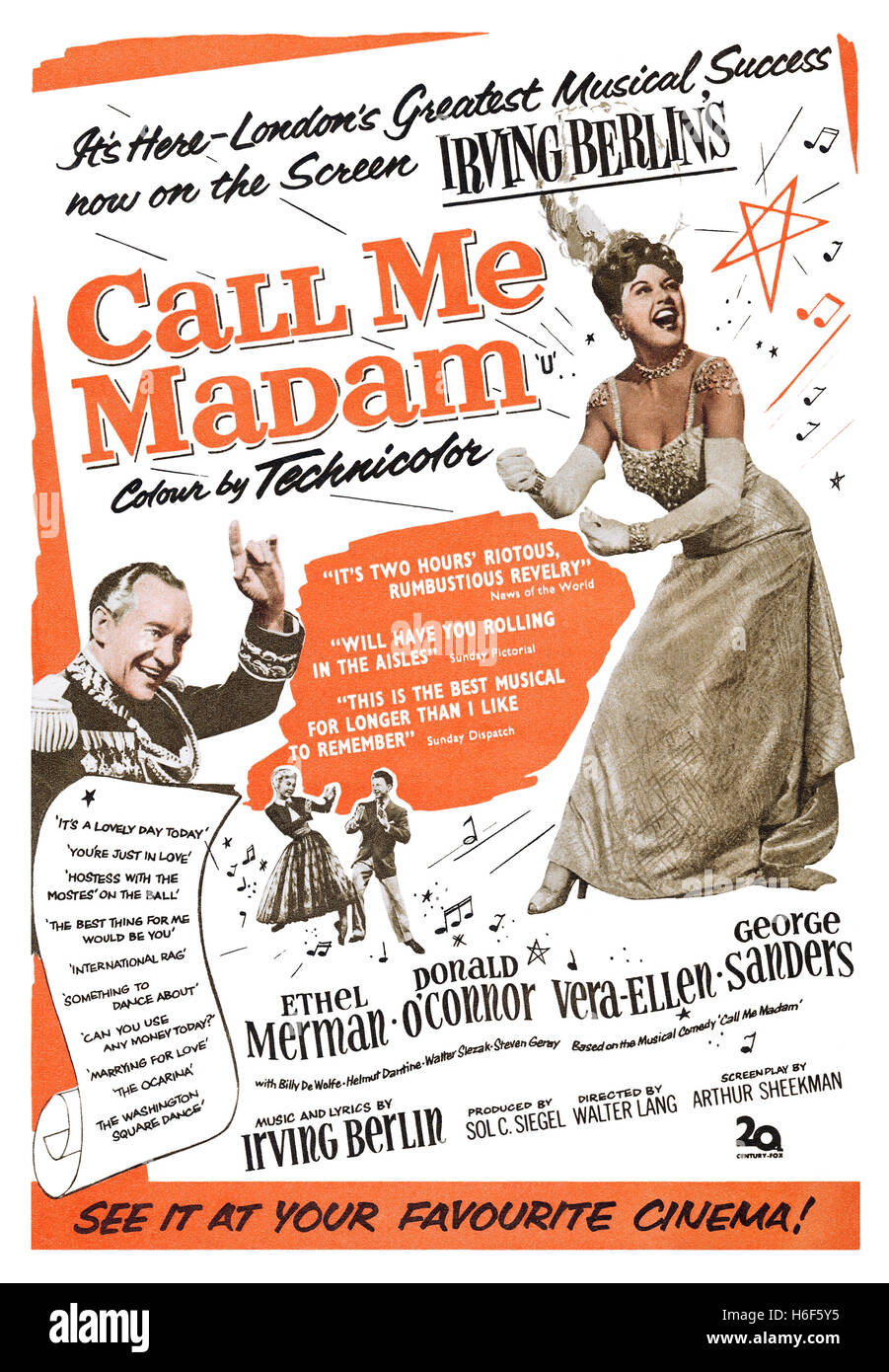 1953 British advertisement for the film musical Call Me Madam starring Ethel Merman, Donald O'Connor, Vera-Ellen and George Sanders Stock Photo