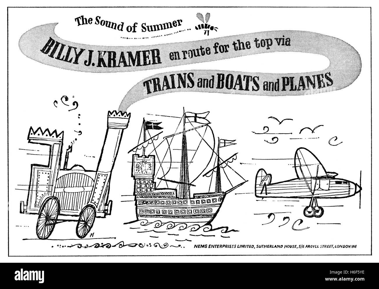 1965 British advertisement for the Billy J. Kramer and the Dakotas single Trains And Boats And Planes Stock Photo