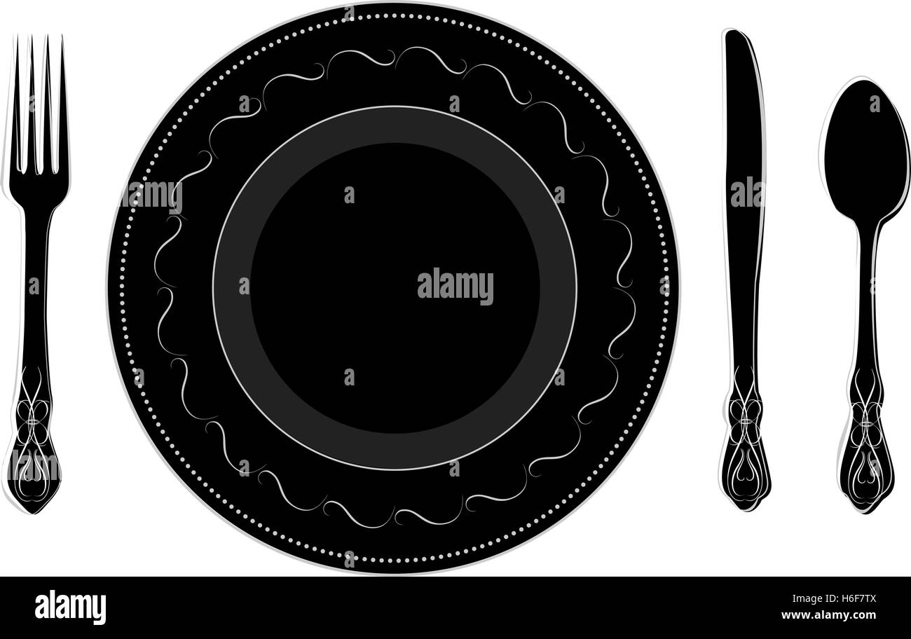 Place Setting  A plate with fork, knife, and spoon. Stock Vector