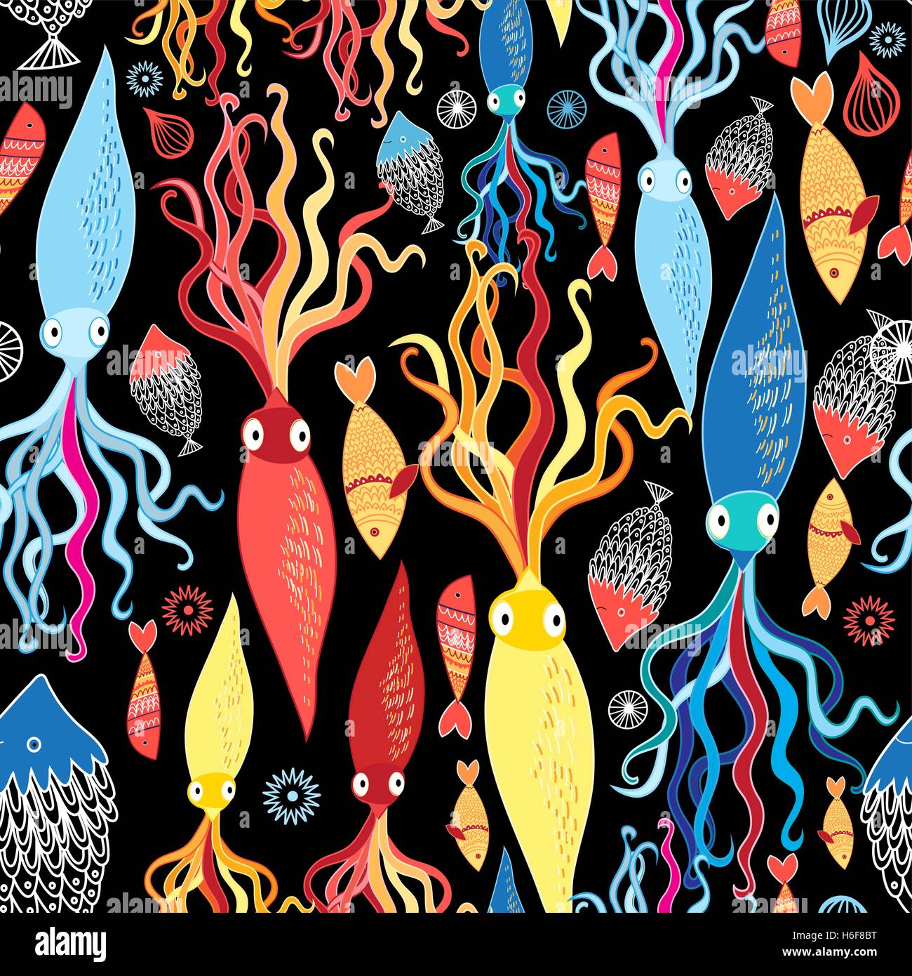 Multicolored pattern of different squid and fish on a black background Stock Vector