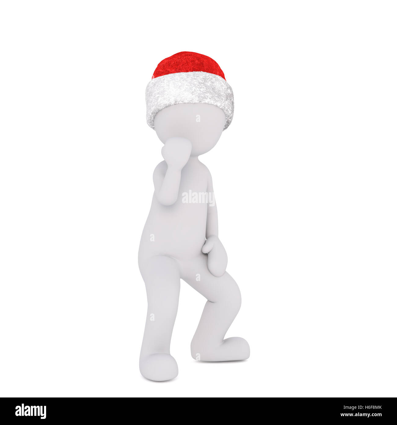 Lone 3D illustrated figure wearing santa hat bends his knees and hold one hand to his face Stock Photo