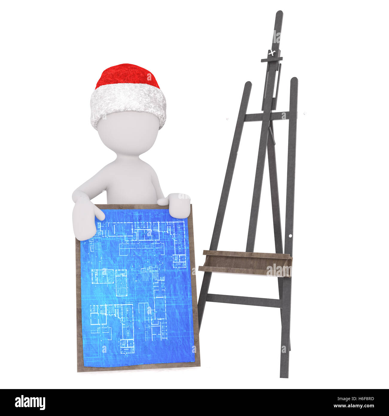Single 3D illustrated figure holds board blueprint beside easel against a white background Stock Photo