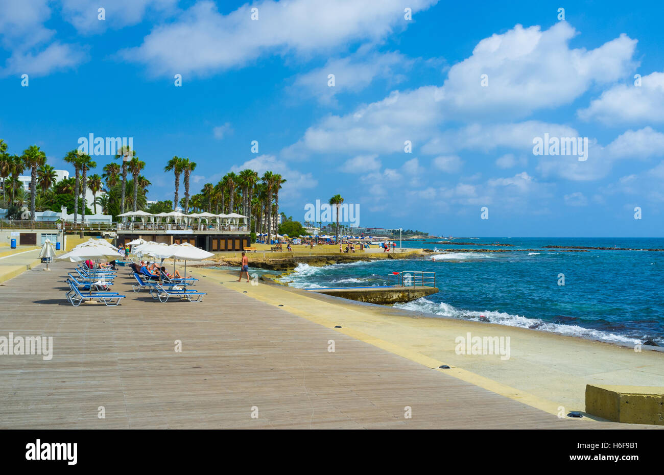 The small beach located next to the Municipal Baths on Poseidonos Ave - the main city promenade, Paphos, Cyprus. Stock Photo