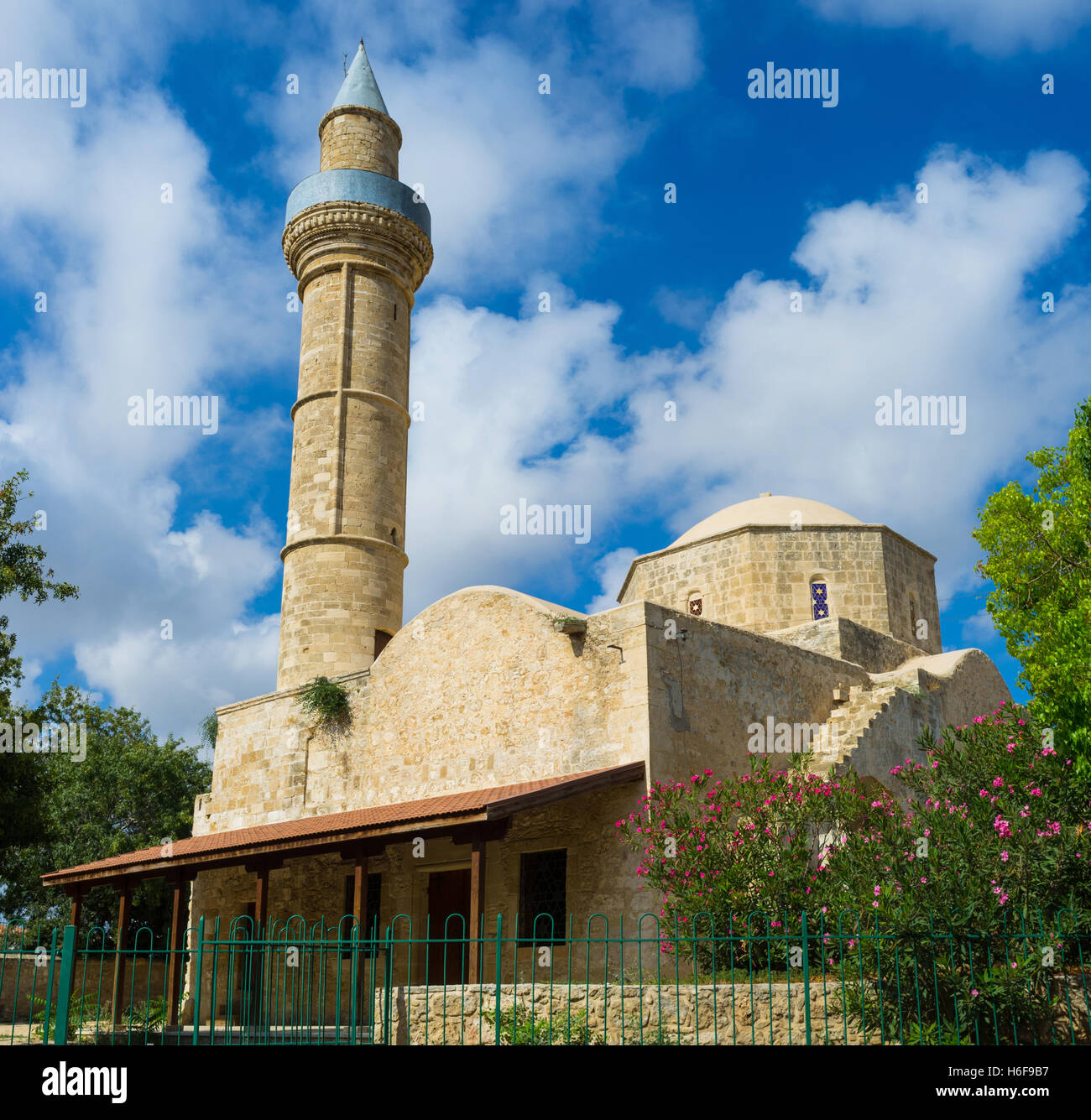 Moutallos Mosque located in the old town next to the market and surrounded by scenic garden, Paphos, Cyprus. Stock Photo