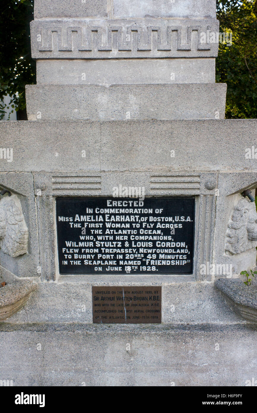 Amelia Earhart memorial monument Burry Port Carmarthenshire Wales UK Stock Photo