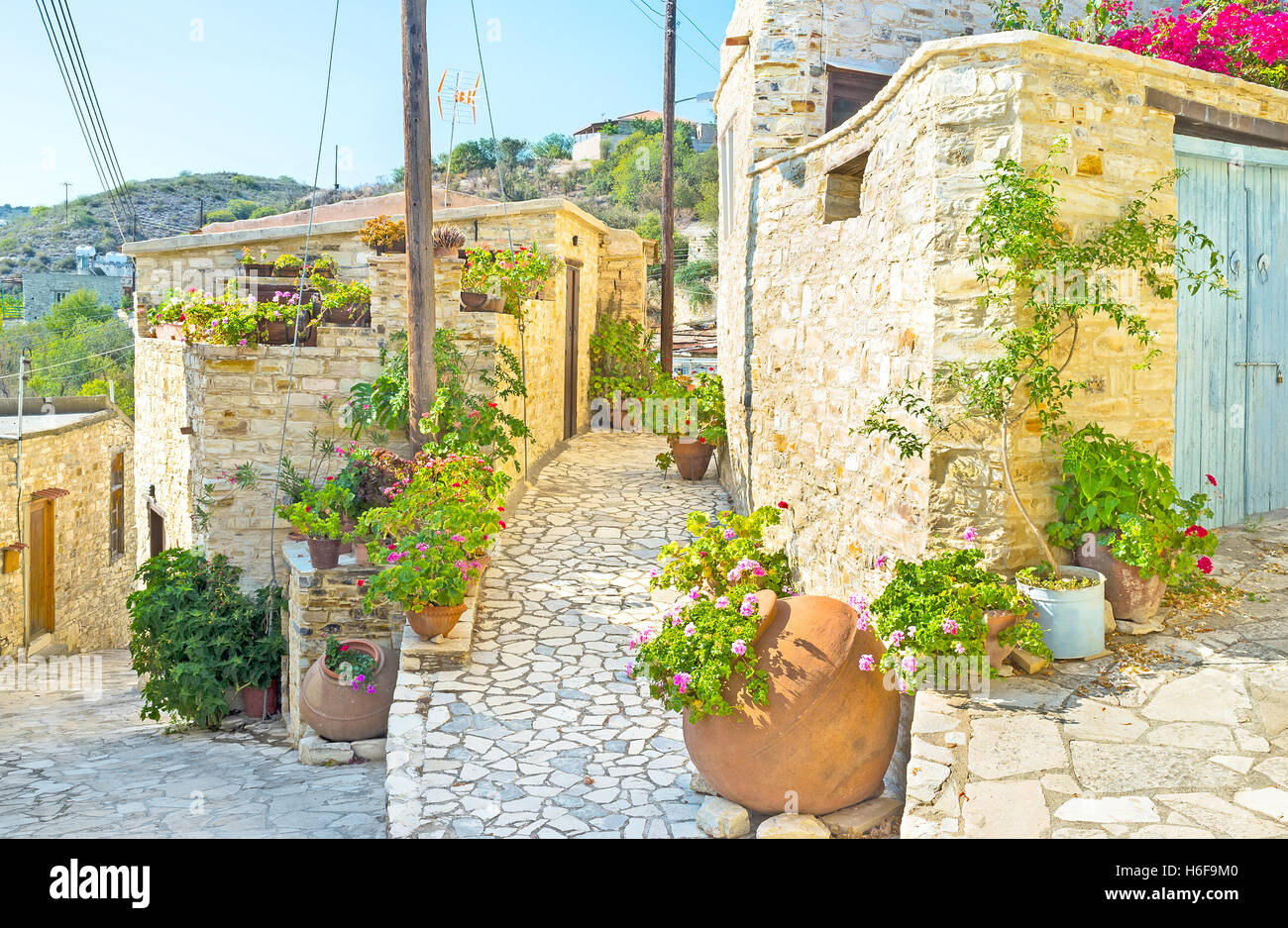 The village of Kato Drys, located on the mountain slope, its streets