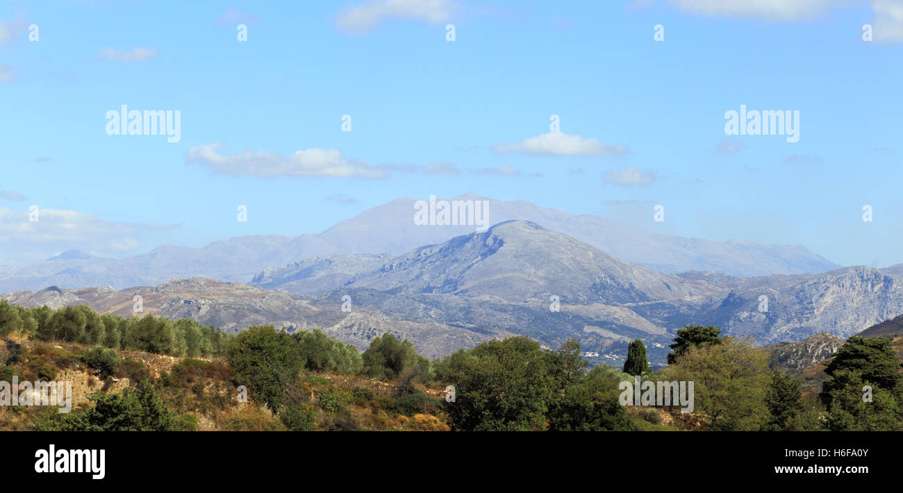 Mount Kedros and distant, misty Mount Ida (Psiloritis), said in mythology to be the birthplace of Zeus, king of the Greek gods, Stock Photo