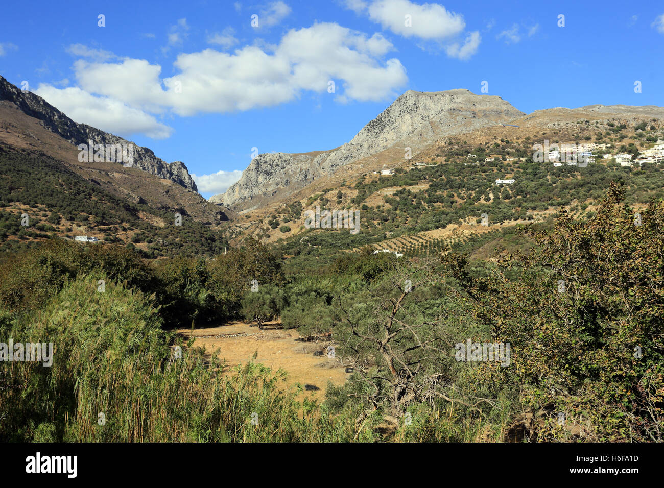 A view of the Kotsifou Gorge and village of Myrthios on Crete, Greece, from the southern resort village of Plakias. Stock Photo