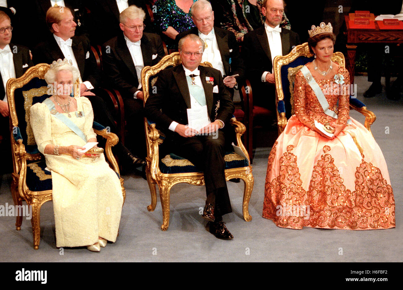 Swedish ROYAL COUPLE with Princess Lilian at the Nobel prize ceremony in Stockholm Concert hall Stock Photo