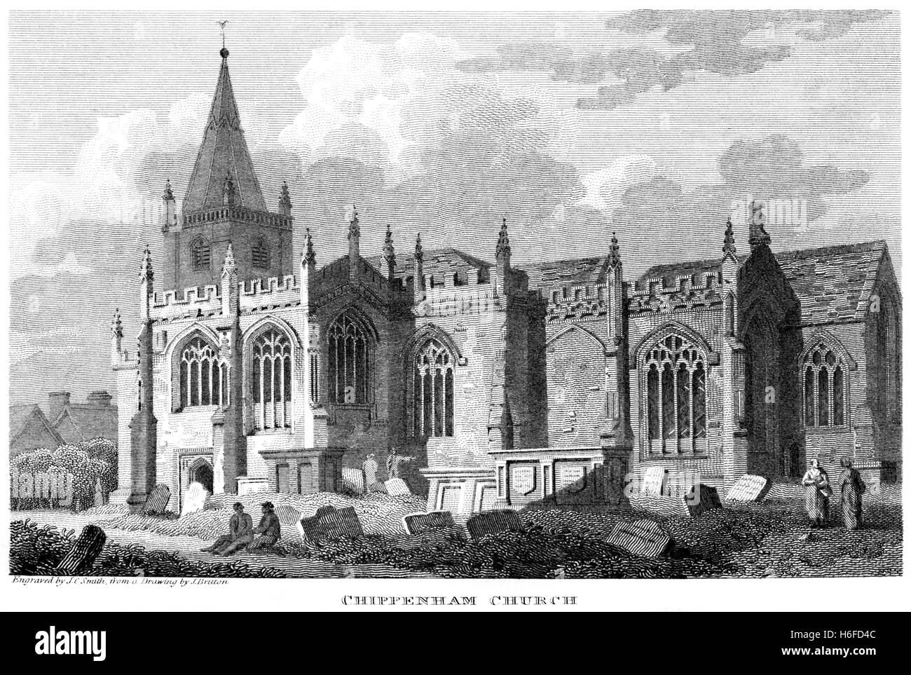 An engraving of Chippenham Church, Wiltshire scanned at high resolution from a book printed in 1812. Believed copyright free. Stock Photo