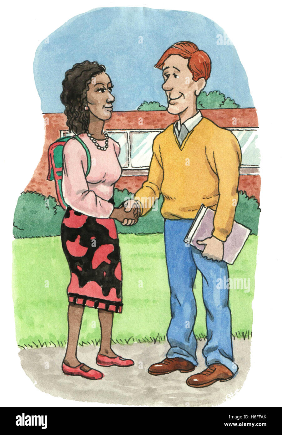Color illustration of a black woman shaking hands with a white man. Stock Photo