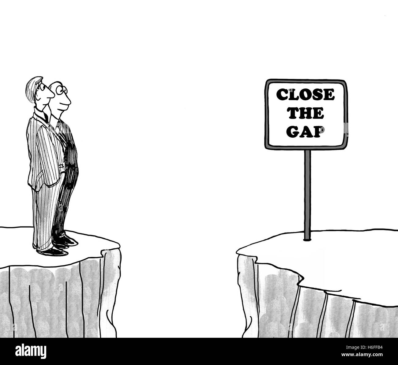 Black and white business illustration of two men looking at another cliff, close the gap. Stock Photo