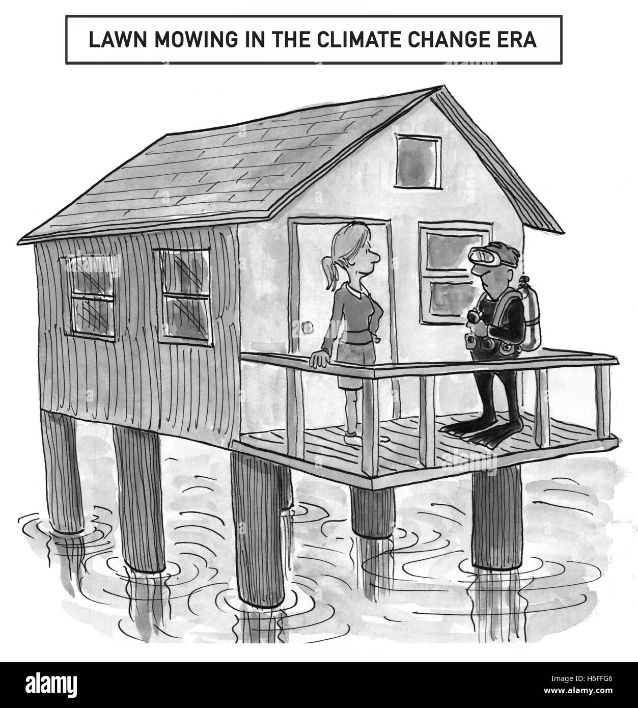 Black and white illustration of a house on stilts above water, 'lawn mowing in the climate change era'. Stock Photo