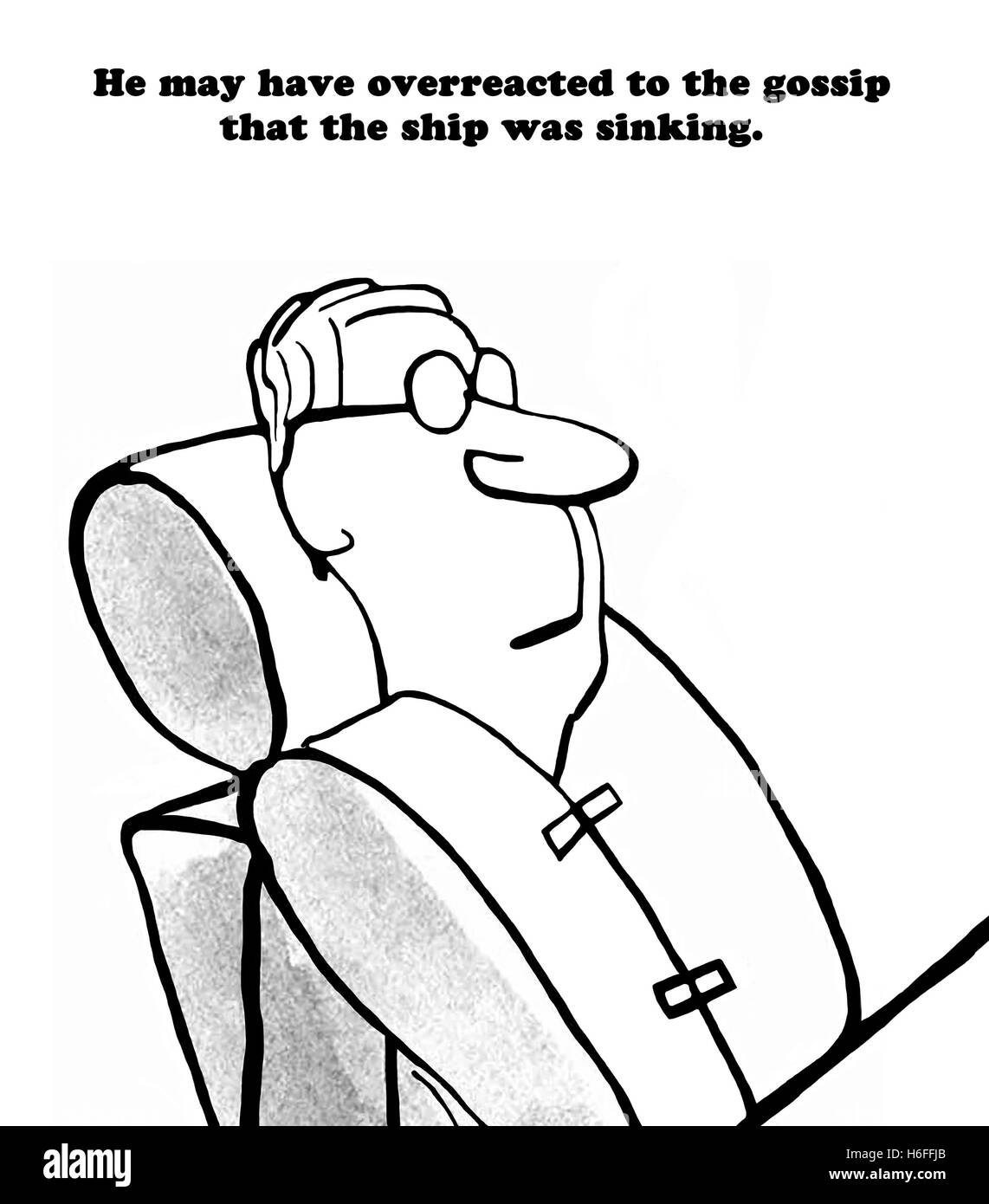 Black and white business illustration of a businessman wearing a life jacket, he may have overreacted to gossip of sinking ship. Stock Photo