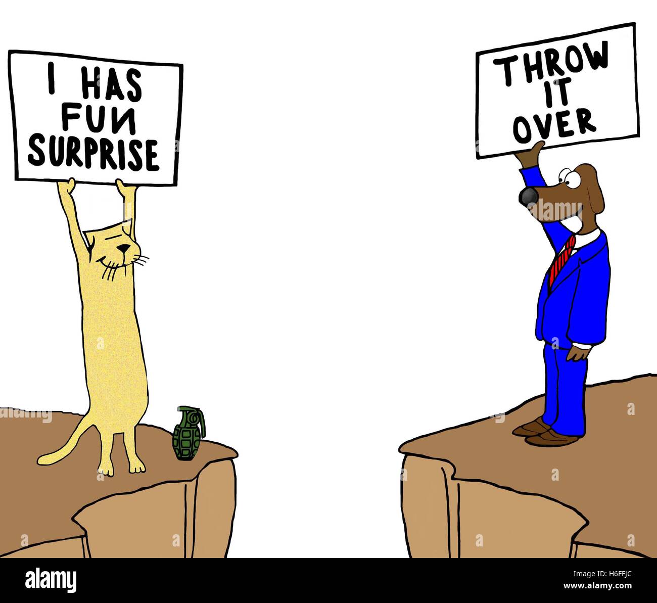 Color illustration of a cat with a grenade about to throw it to an