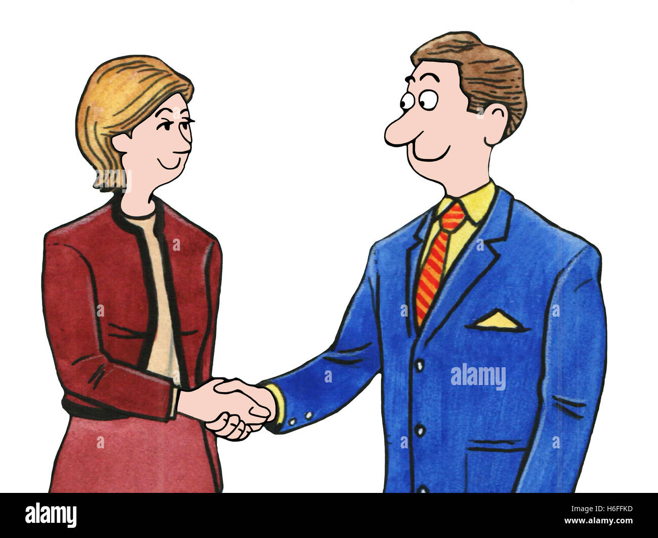 Color illustration of man and woman shaking hands. Stock Photo