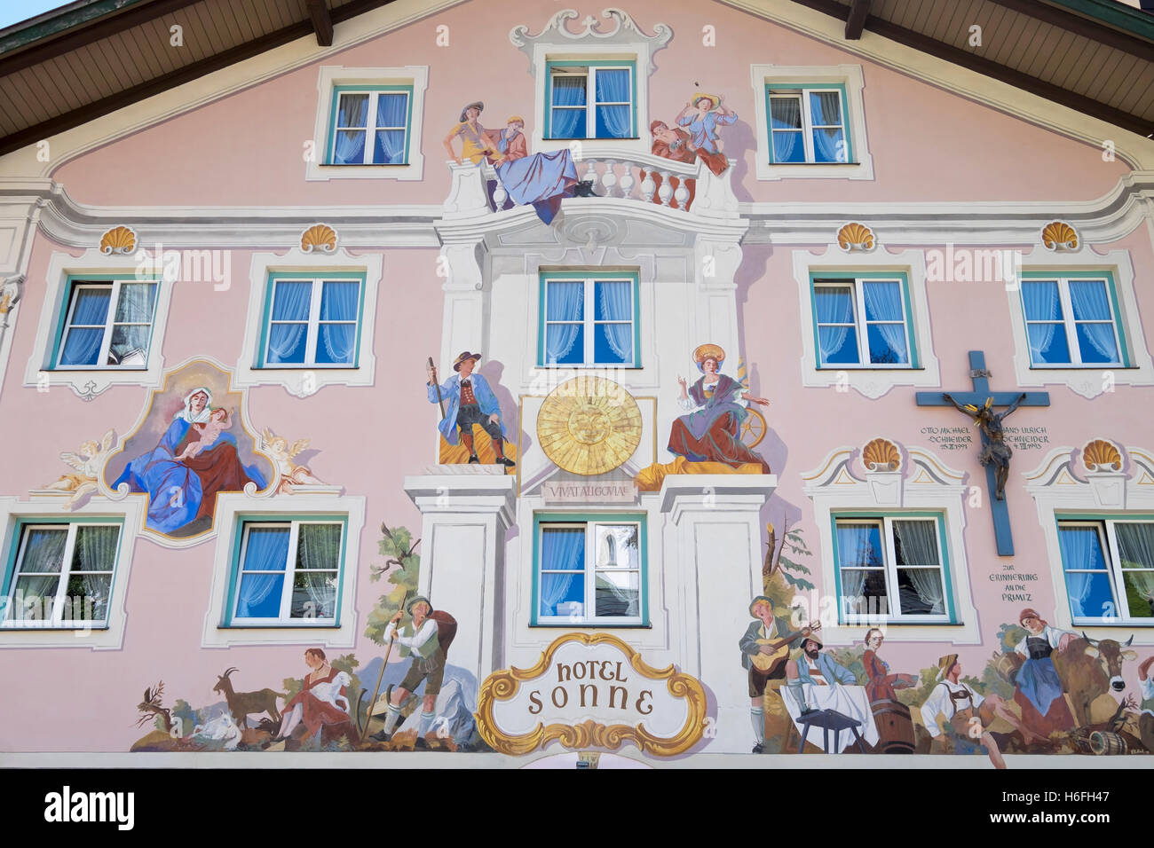 Lüftlmalerei, fresco on façade, Hotel Sonne, Bad Hindelang, Oberallgäu, Allgäu, Swabia, Bavaria, Germany Stock Photo
