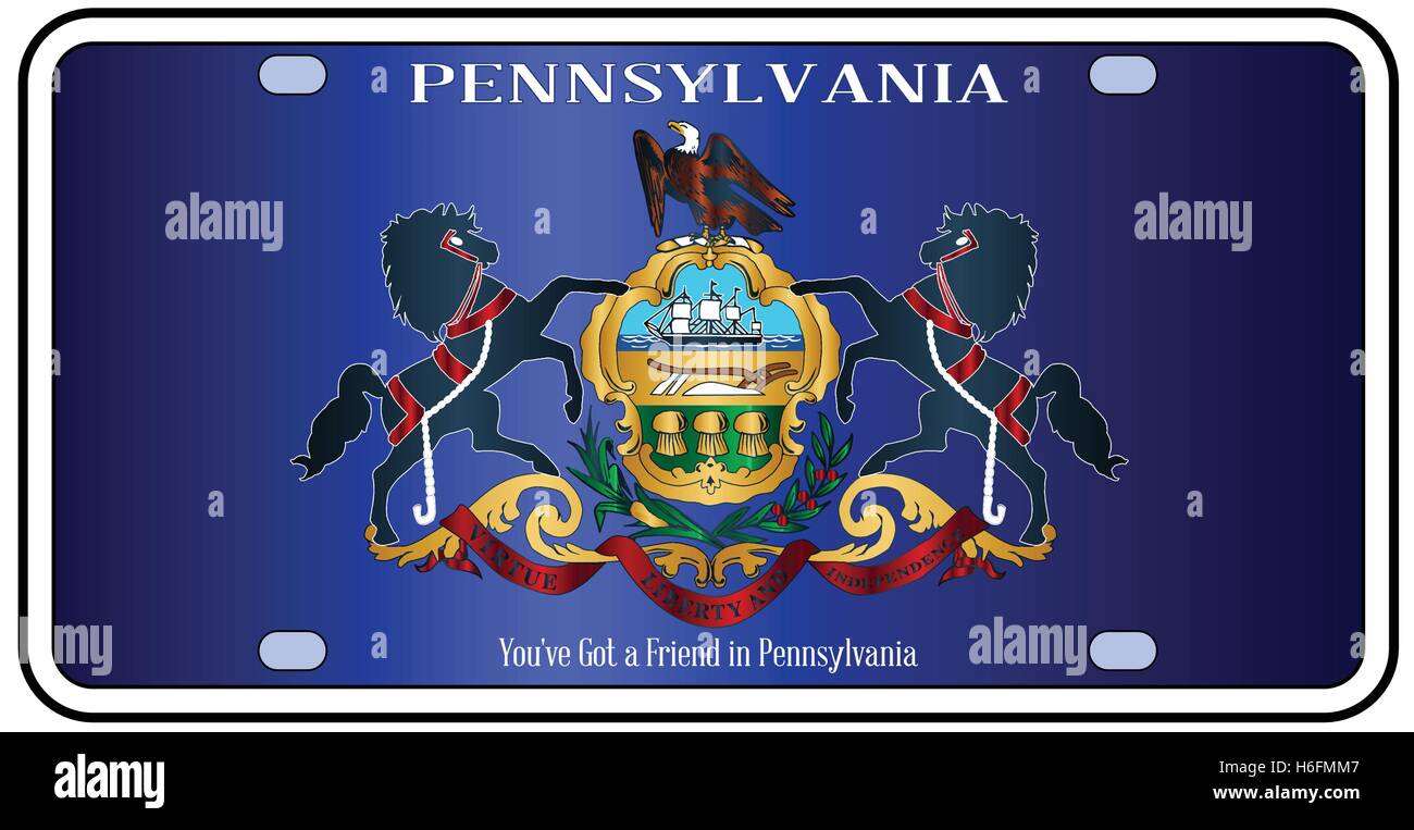 Pennsylvania  license plate in the colors of the state flag with the flag icons over a white background Stock Vector