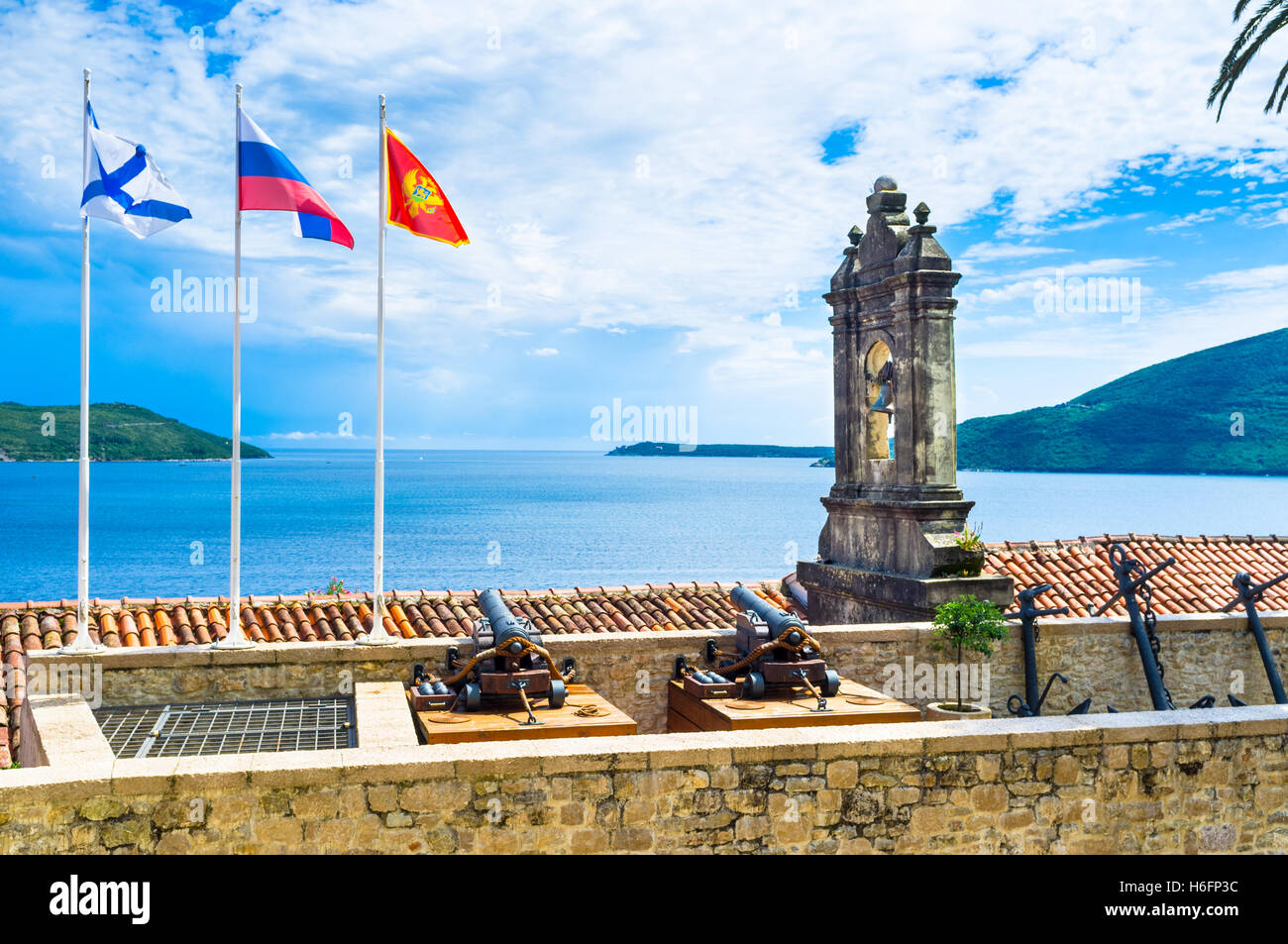 The belfry of St Spas in Topla Church with the scenic seascape on the background, Herceg Novi,, Montenegro. Stock Photo