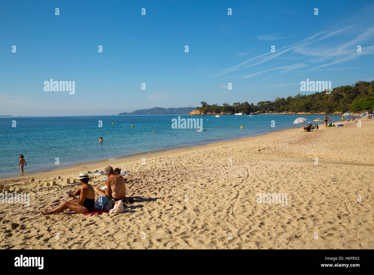 Beach, Corniche des Maures. Le Lavandou. Var department, Provence Alpes Cote d'Azur. French Riviera. Mediterranean Sea. France. Stock Photo