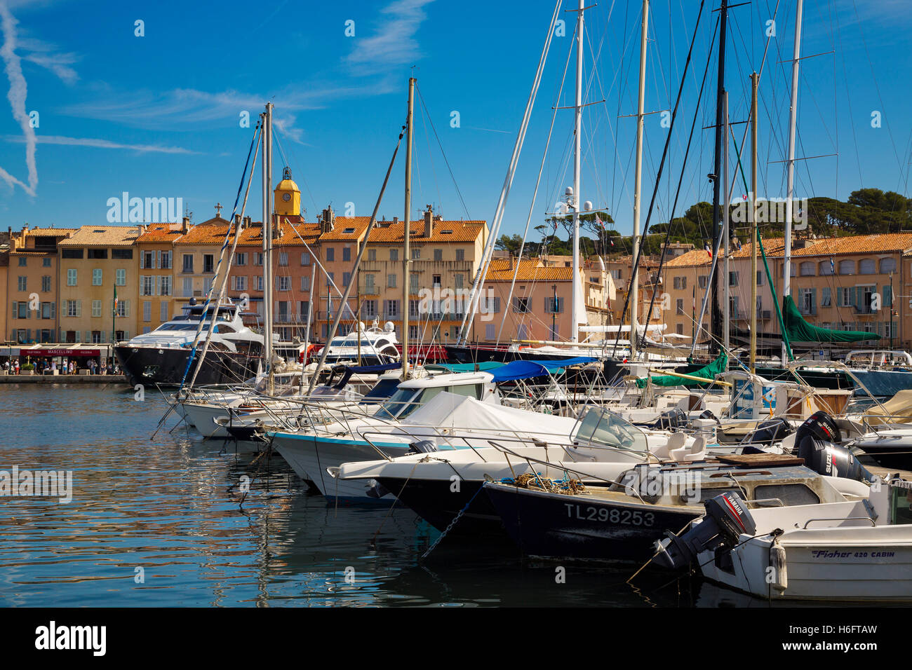 Fishing boats at fishing port, Marina, old harbour. Village of Saint Tropez. Var department, Provence Alpes Cote d'Azur. French Stock Photo
