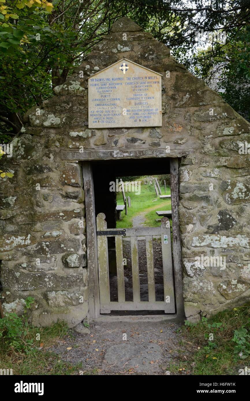 Lych Gate leading to St Rhychwyns church the oldest church in wales Llanrhychwyn Conwy Snowdonia Wales Stock Photo