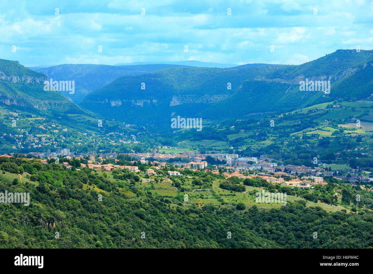 Summer view on valley River Tarn and Millau town, France. Stock Photo