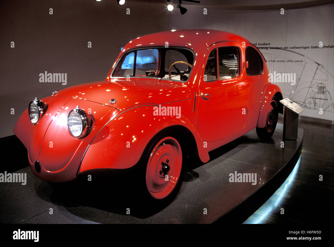 Germany, Wolfsburg, the Volkswagen Autostadt, VW Beetle prototype from 1935 at the Zeithaus. Stock Photo