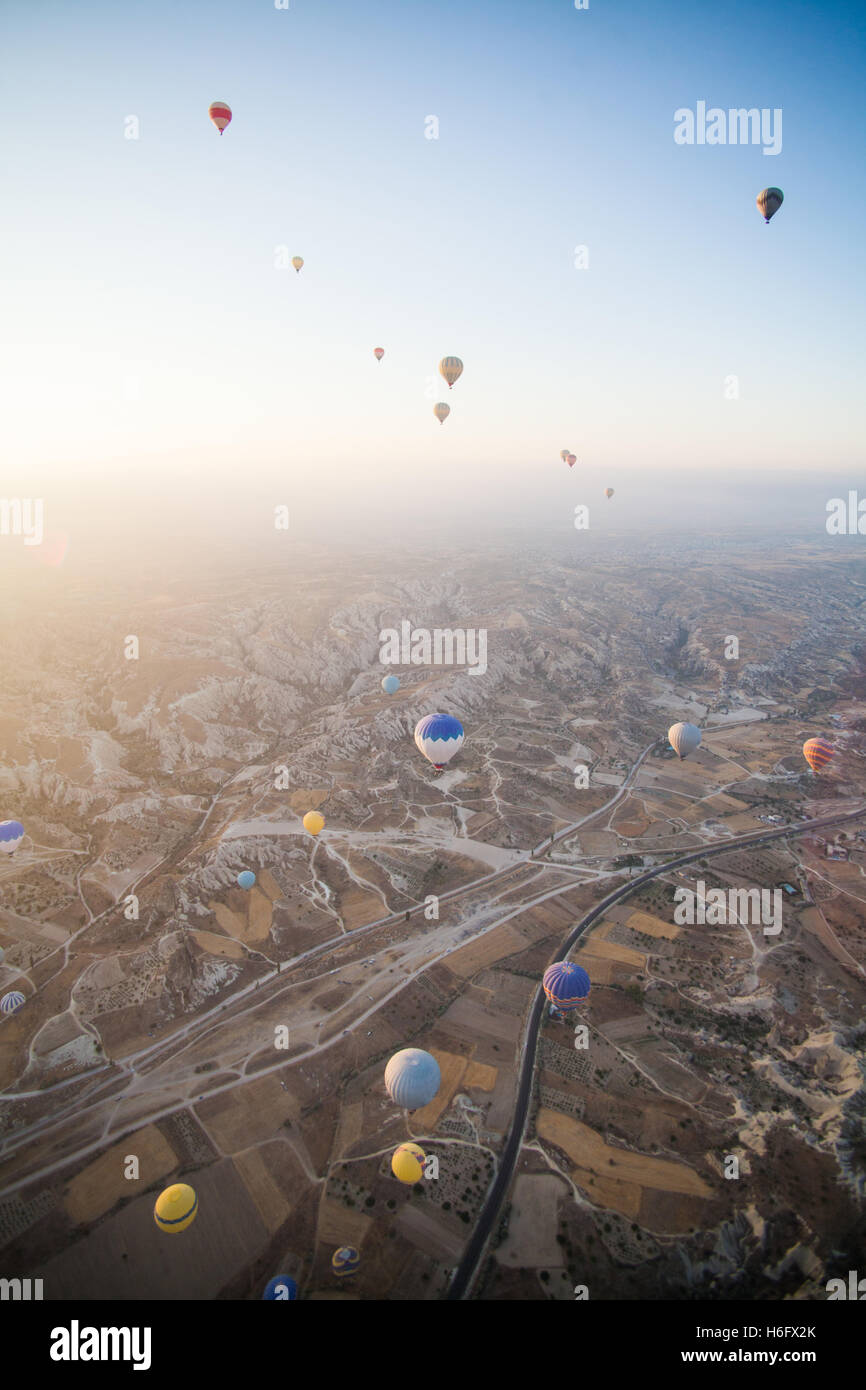 Color image of hot air balloons flying in Cappadocia, Turkey, at
